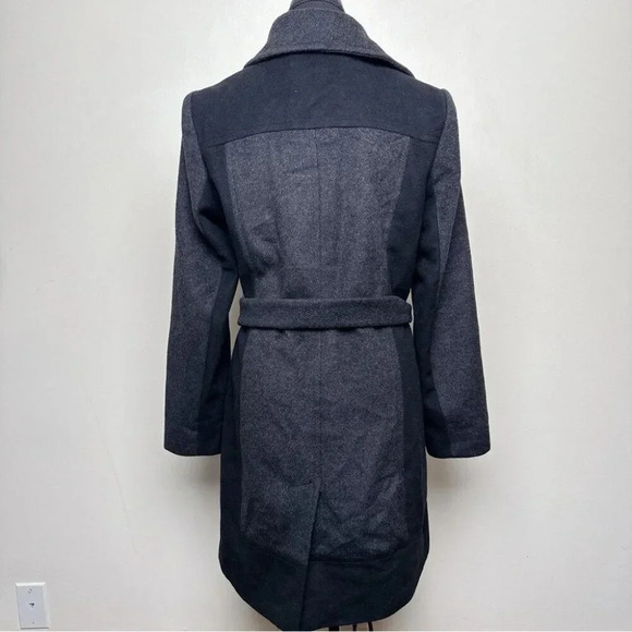 Calvin Klein  Womens 6 Wool Belted Colorblock Mid Length Coat In Grey Black - Picture 2 of 16